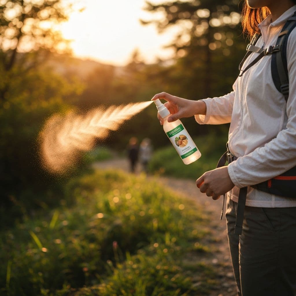 Person applying mosquito repellent spray outdoors in nature
