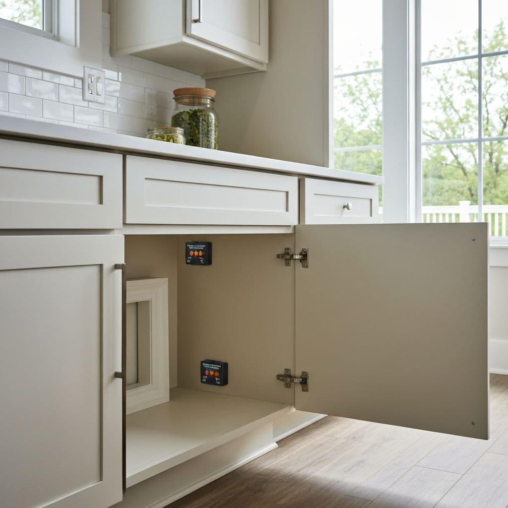 Kitchen interior with strategic roach bait placement locations